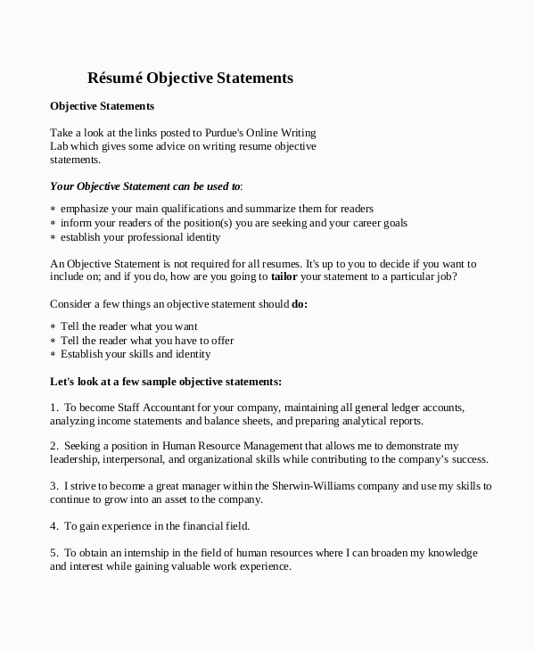 Sample Objective Purpose Statement for Resume Free 8 Sample Objective Statement Resume Templates In Pdf