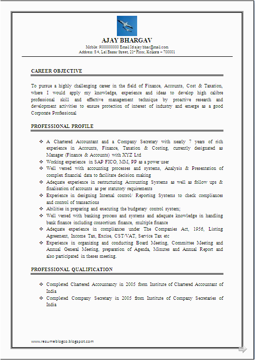 Sample Of Company Resume with Work Experience Excellent Work Experience Chartered Accountant & Pany Secretary