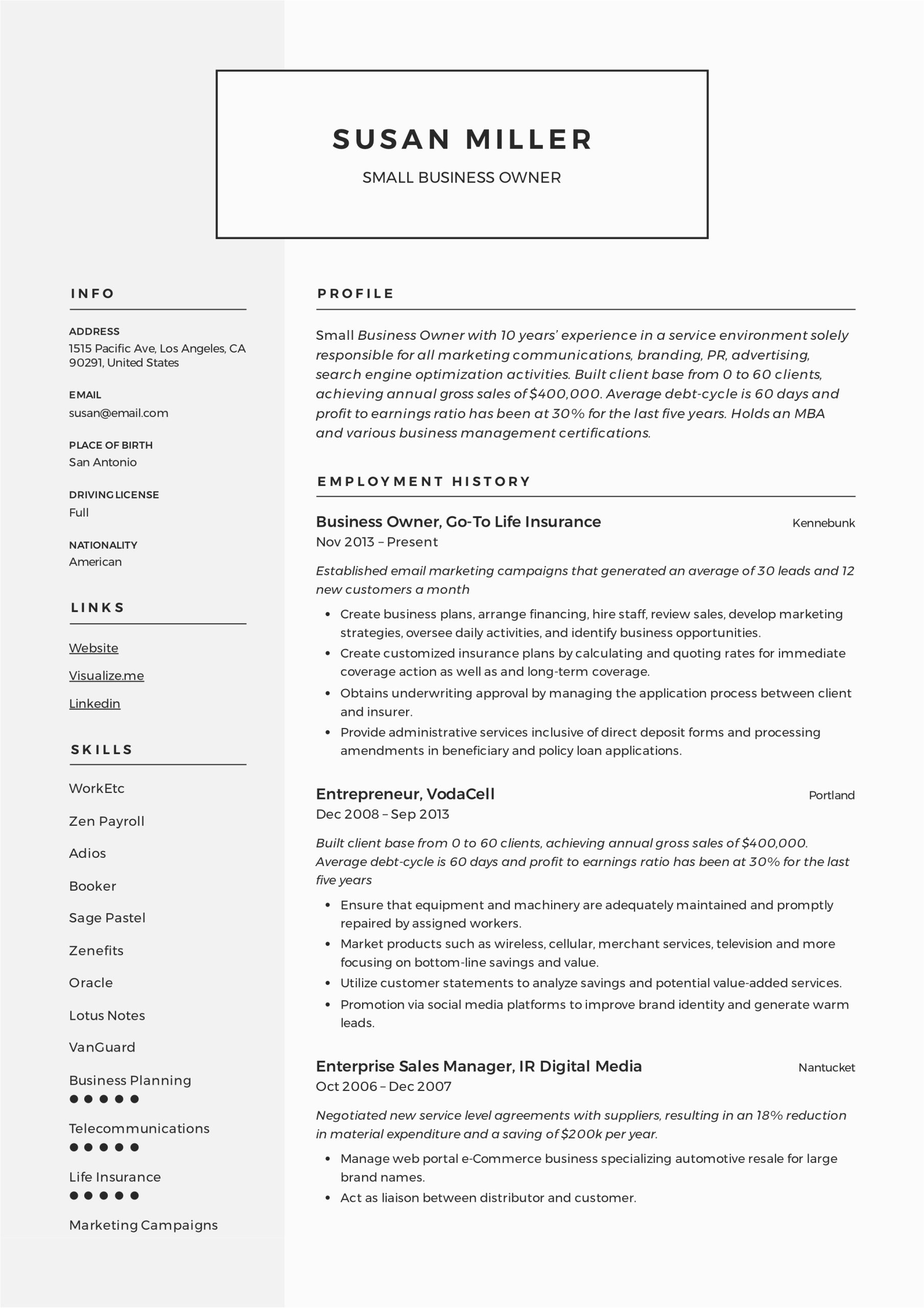 Sample Of Company Resume with Work Experience Small Business Owner Resume Guide 12 Examples Pdf