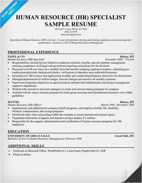 Sample Of Cover Letter for Human Resources Specialist Resume Free Human Resource Hr Specialist Resume
