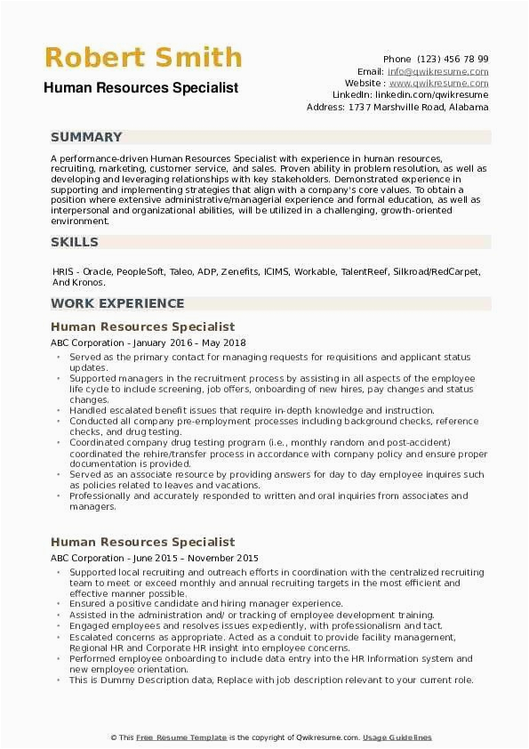 Sample Of Cover Letter for Human Resources Specialist Resume Sample Cover Letter for Human Resources Specialist Position Resume