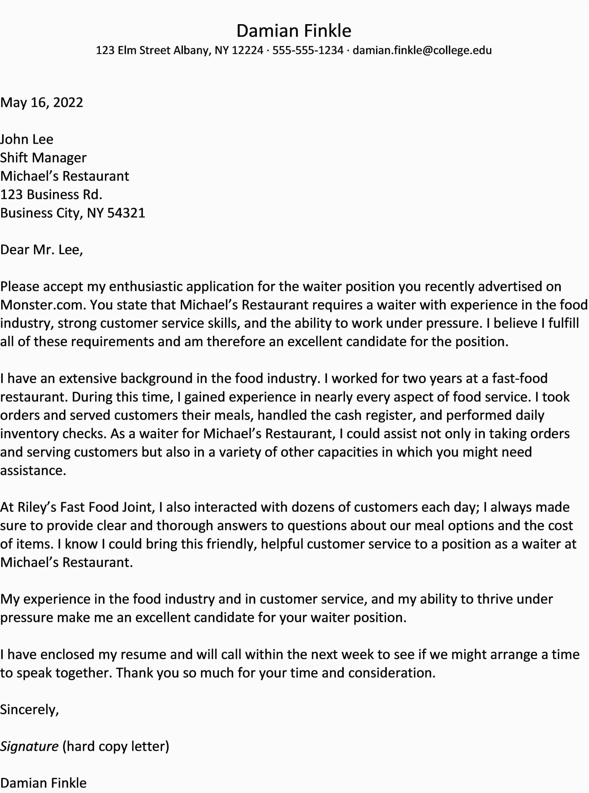 Sample Of Cover Letter for Resume 2023 Waiter Waitress Resume and Cover Letter Examples