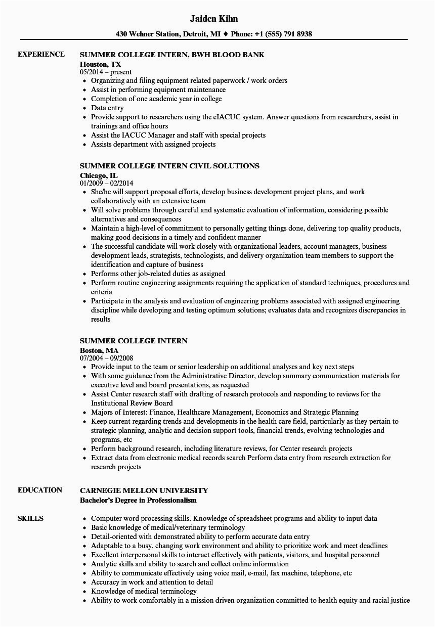 Sample Of Resume for College Internship College Internship Resume Template Addictionary