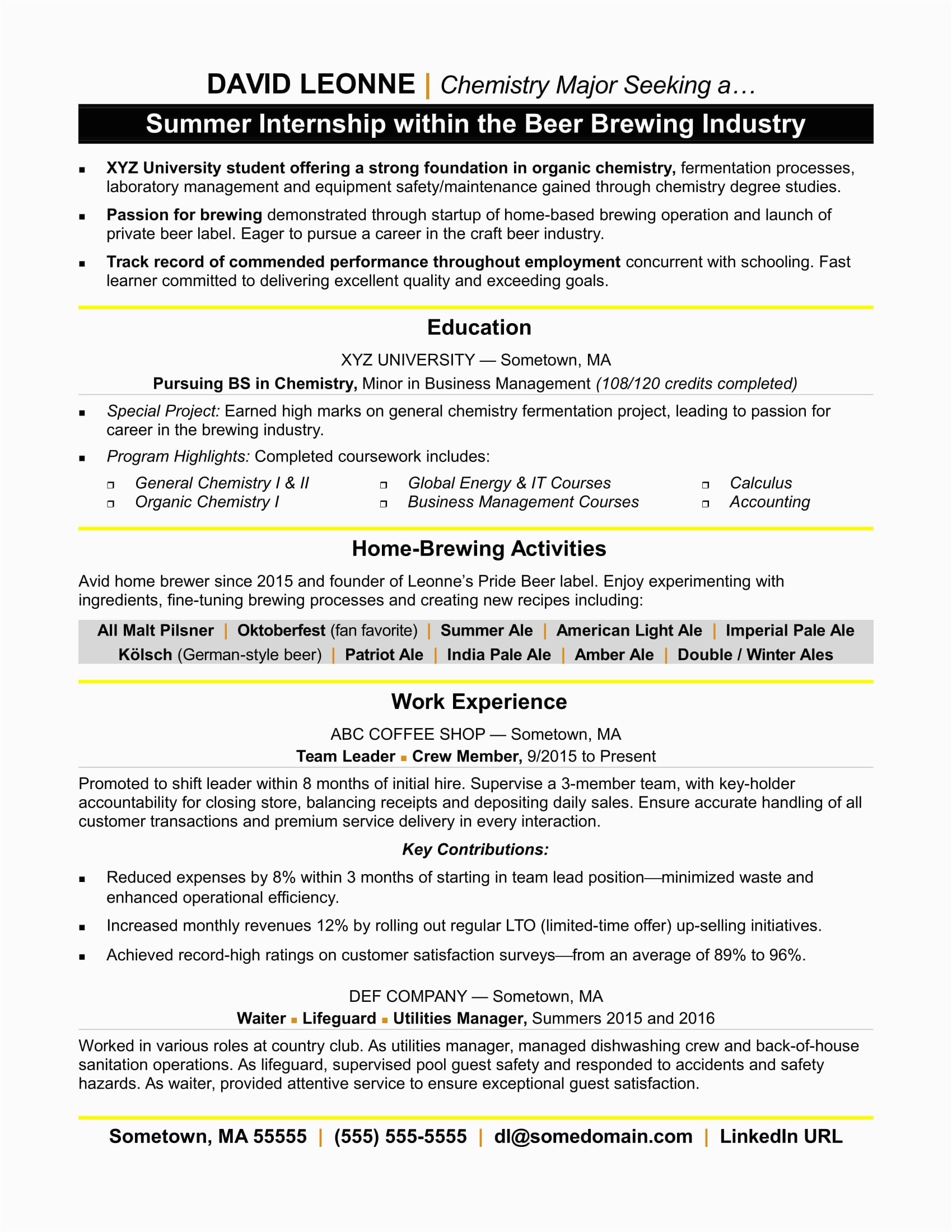 Sample Of Resume for College Internship Resume for Internship