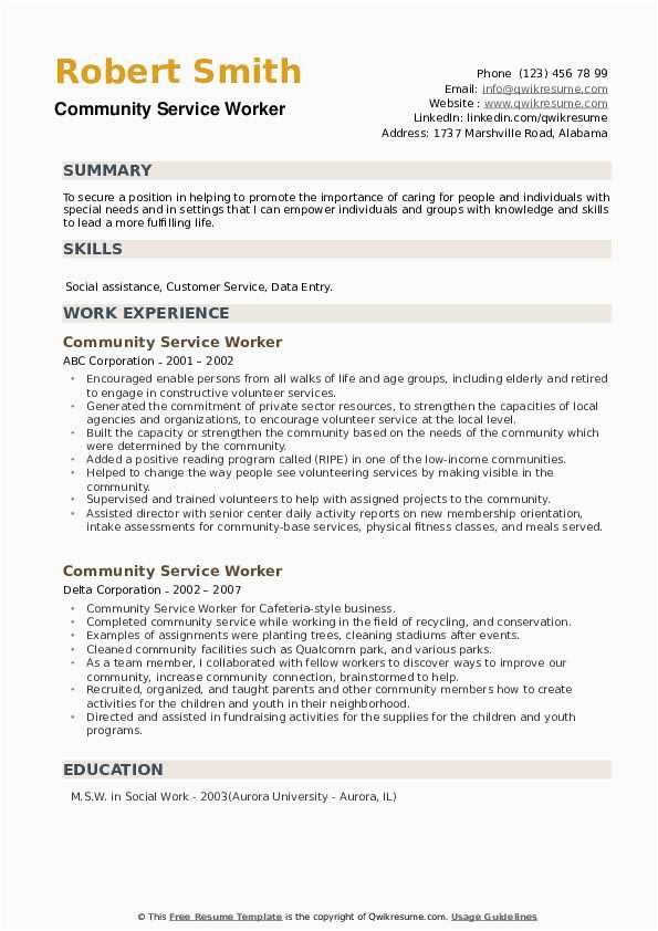 Sample Of Resume for Community Worker Munity Service Worker Resume Samples