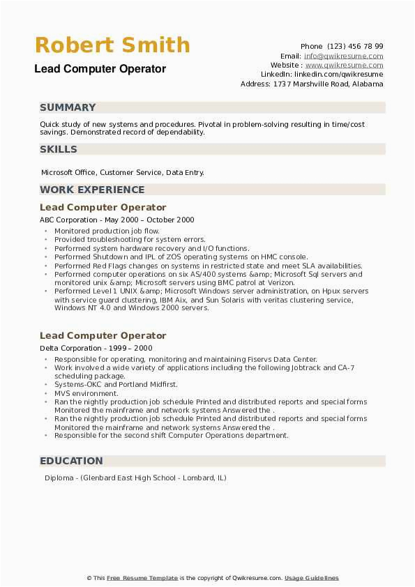 Sample Of Resume for Computer Operator Lead Puter Operator Resume Samples