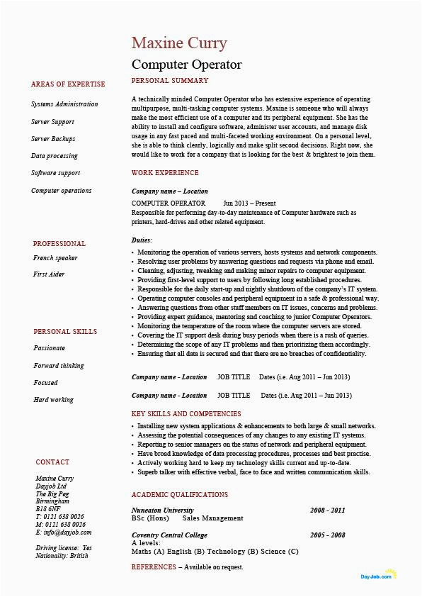 Sample Of Resume for Computer Operator Puter Operator Resume It Job Description Example Sample Server