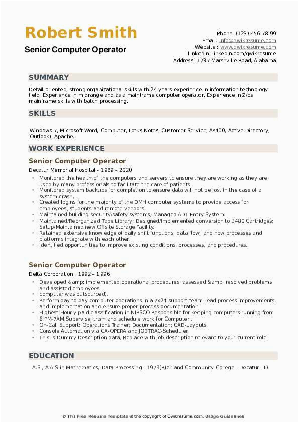 Sample Of Resume for Computer Operator Senior Puter Operator Resume Samples