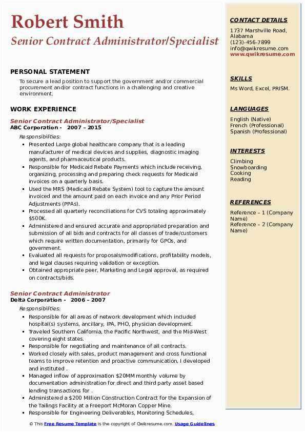 Sample Of Resume for Contract Administrator Senior Contract Administrator Resume Samples