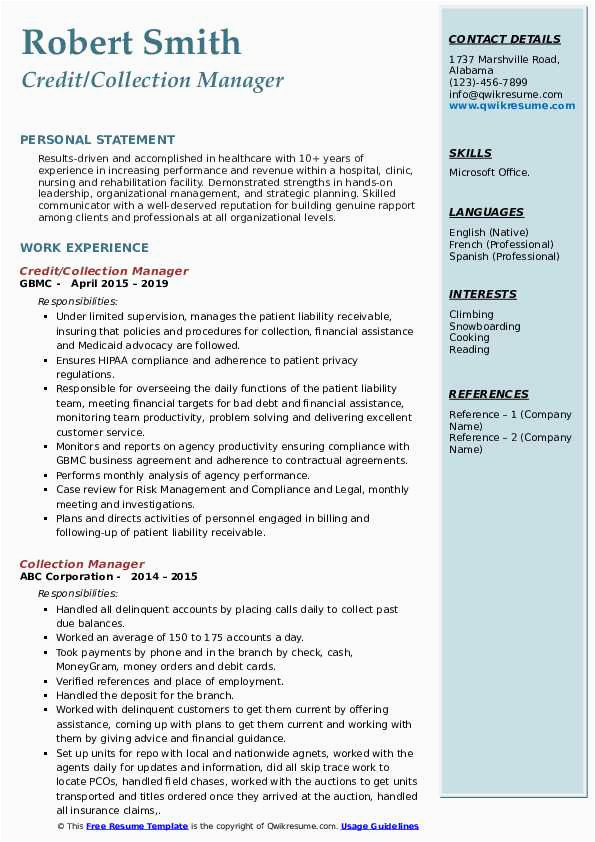 Sample Of Resume for Credit and Collections Supervisor Collection Manager Resume Samples