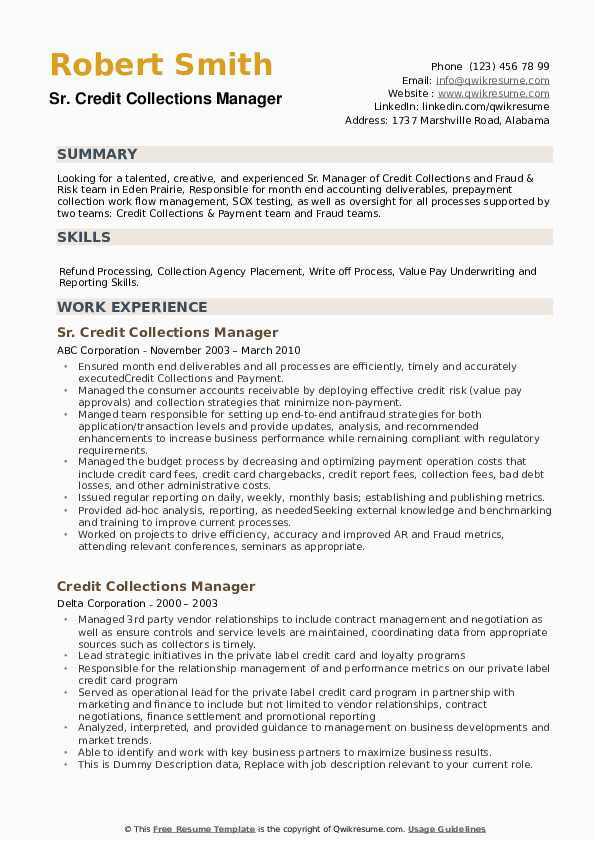 Sample Of Resume for Credit and Collections Supervisor Credit Collections Manager Resume Samples