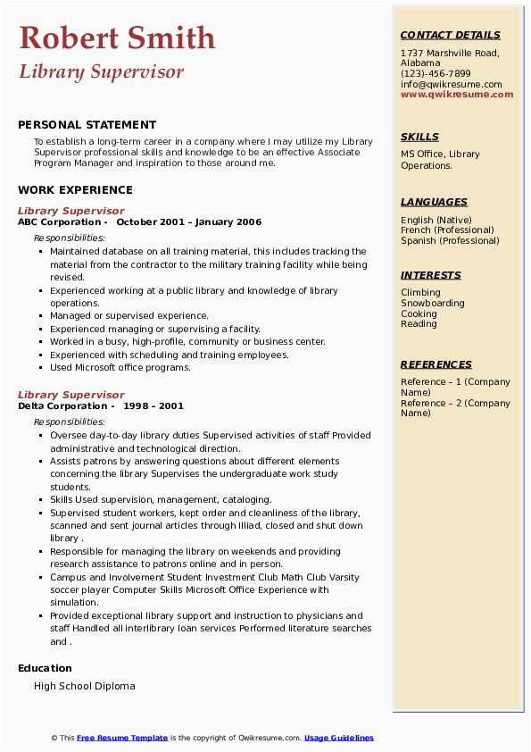 Sample Professional Profiles for Public Librarian Resume Library Supervisor Resume Samples