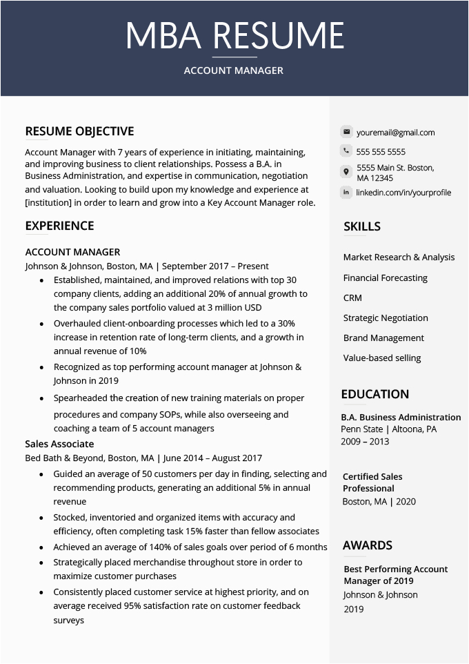 Sample Professional Resume Applying for the Mba Program at College Mba Resume Example and Writing Guide