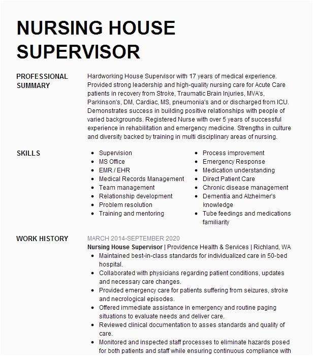 Sample Professional Resume for A Nursing House Supervisor Nursing House Supervisor Resume Example Pany Name Navasota Texas