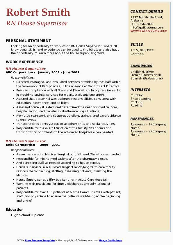 Sample Professional Resume for A Nursing House Supervisor Rn House Supervisor Resume Samples