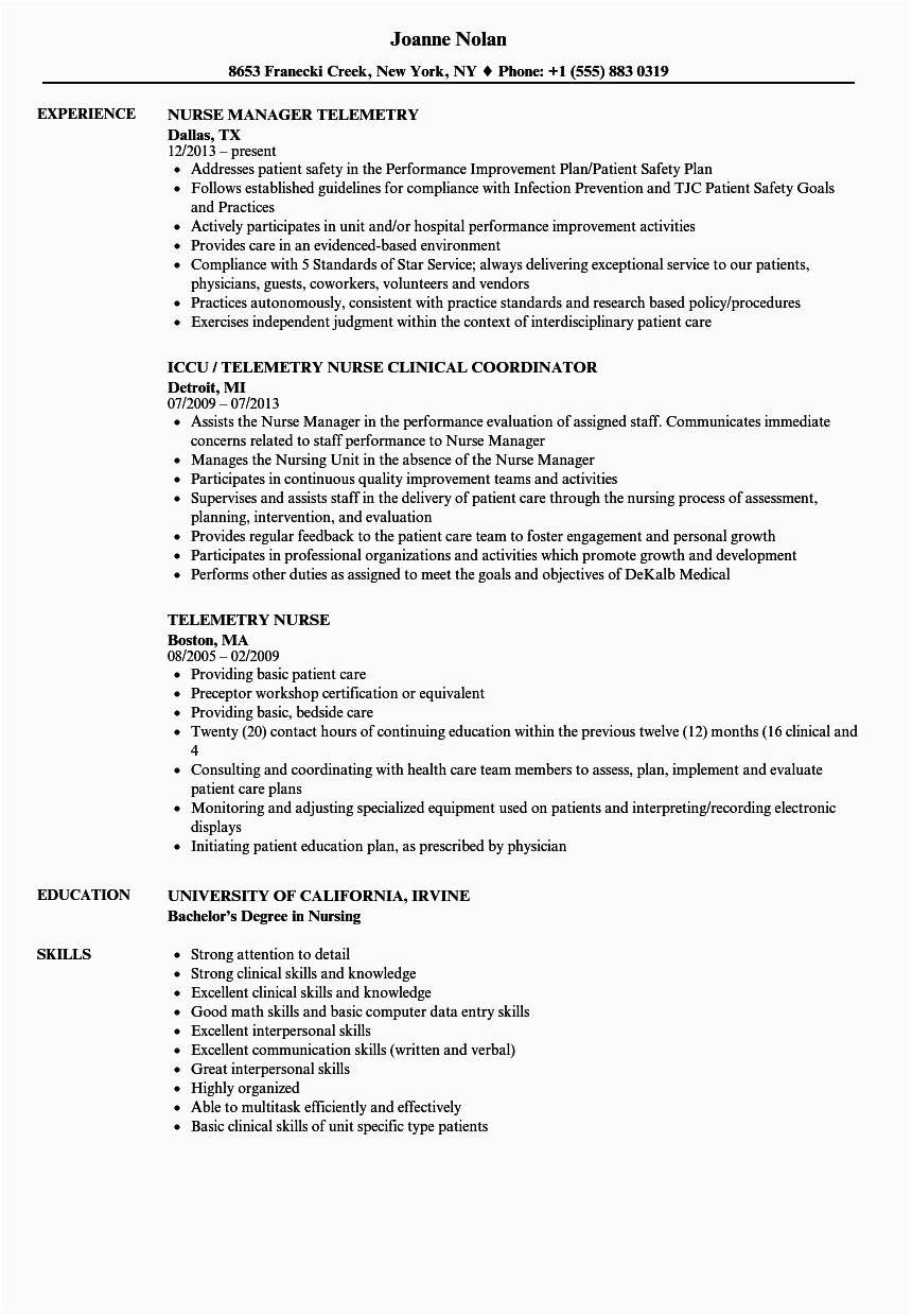 Sample Professional Resume for A Telemetry Nurse Telemetry Nurse Resume Sample
