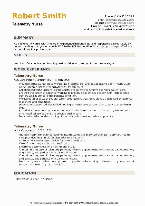 Sample Professional Resume for A Telemetry Nurse Telemetry Nurse Resume Samples