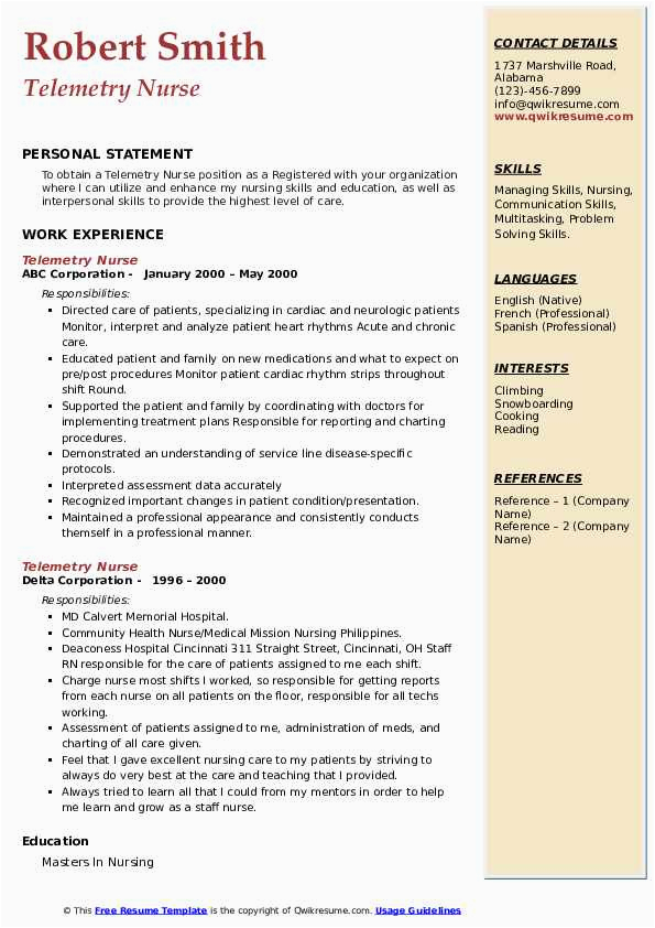 Sample Professional Resume for A Telemetry Nurse Telemetry Nurse Resume Samples