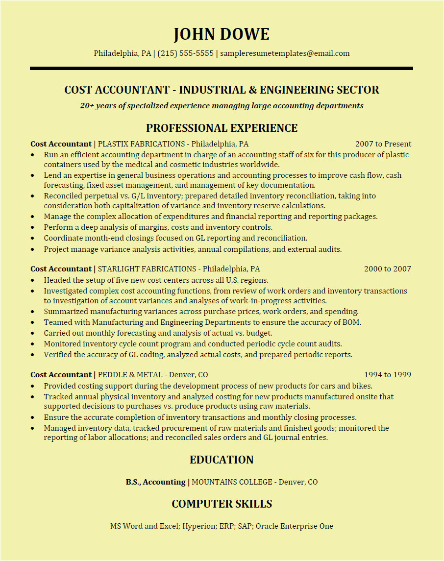 Sample Professional Resume for Cost Accountant Cost Accountant Resume Manufacturing