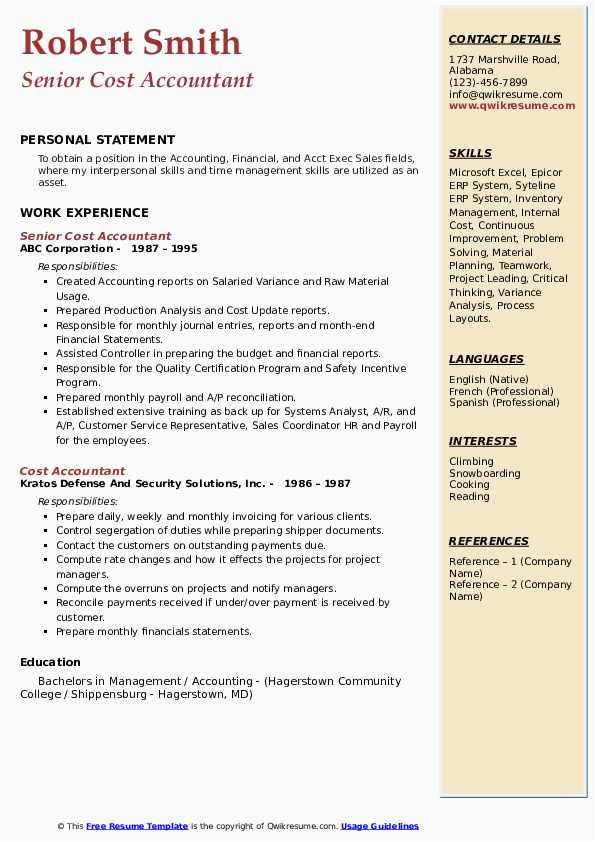 Sample Professional Resume for Cost Accountant Cost Accountant Resume Samples