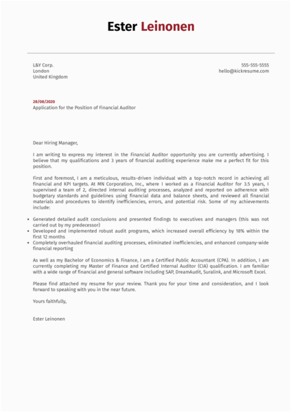 Sample Resume Cover Letter for Auditor Financial Auditor Cover Letter Example