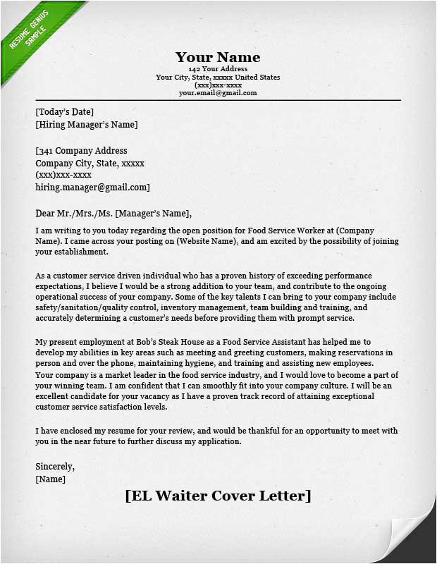 Sample Resume Cover Letter for Food Service Food Service Cover Letter Samples