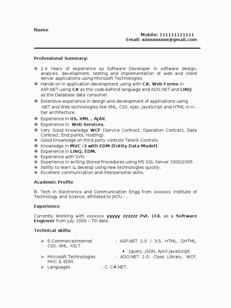 Sample Resume for 2 Years Experience In Net Sample Resume Perfect Resume Microsoft Net 2 Years