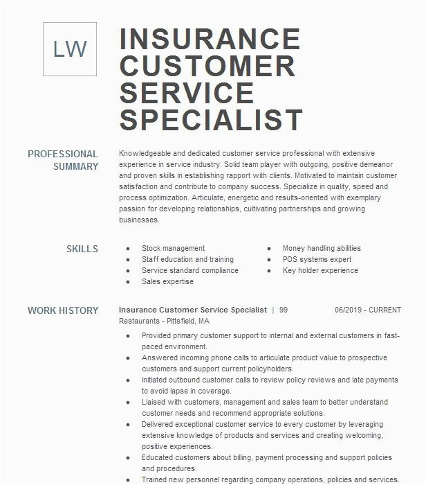 Sample Resume for A Customer Service Position In Insurance Company Health Insurance Customer Service Specialist Resume Example Pany