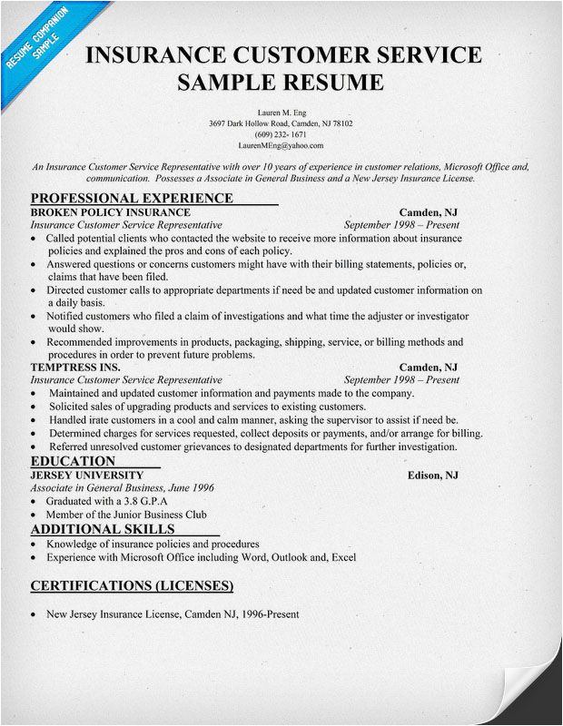 Sample Resume for A Customer Service Position In Insurance Company Insurance Customer Service Resume Sample Resume