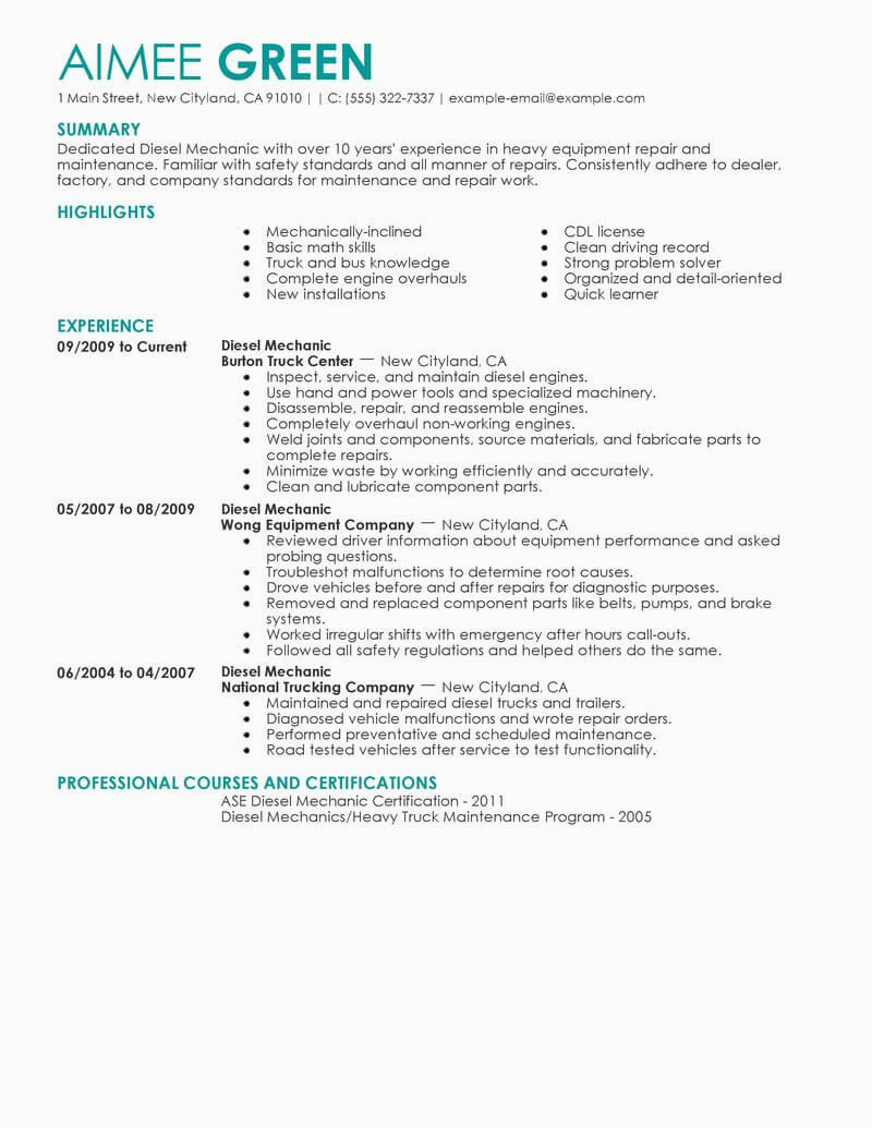 Sample Resume for A Diesel Technician Best Diesel Mechanic Resume Example From Professional Resume Writing