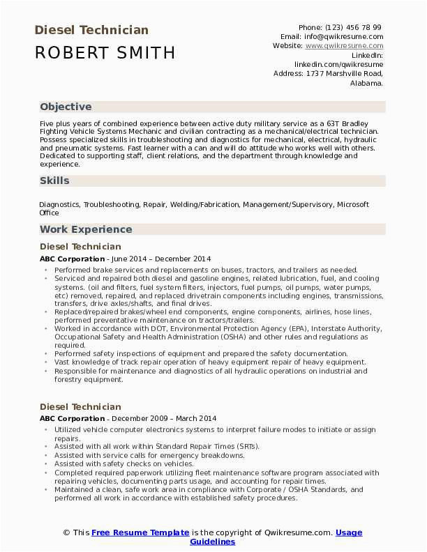Sample Resume for A Diesel Technician Diesel Technician Resume Samples