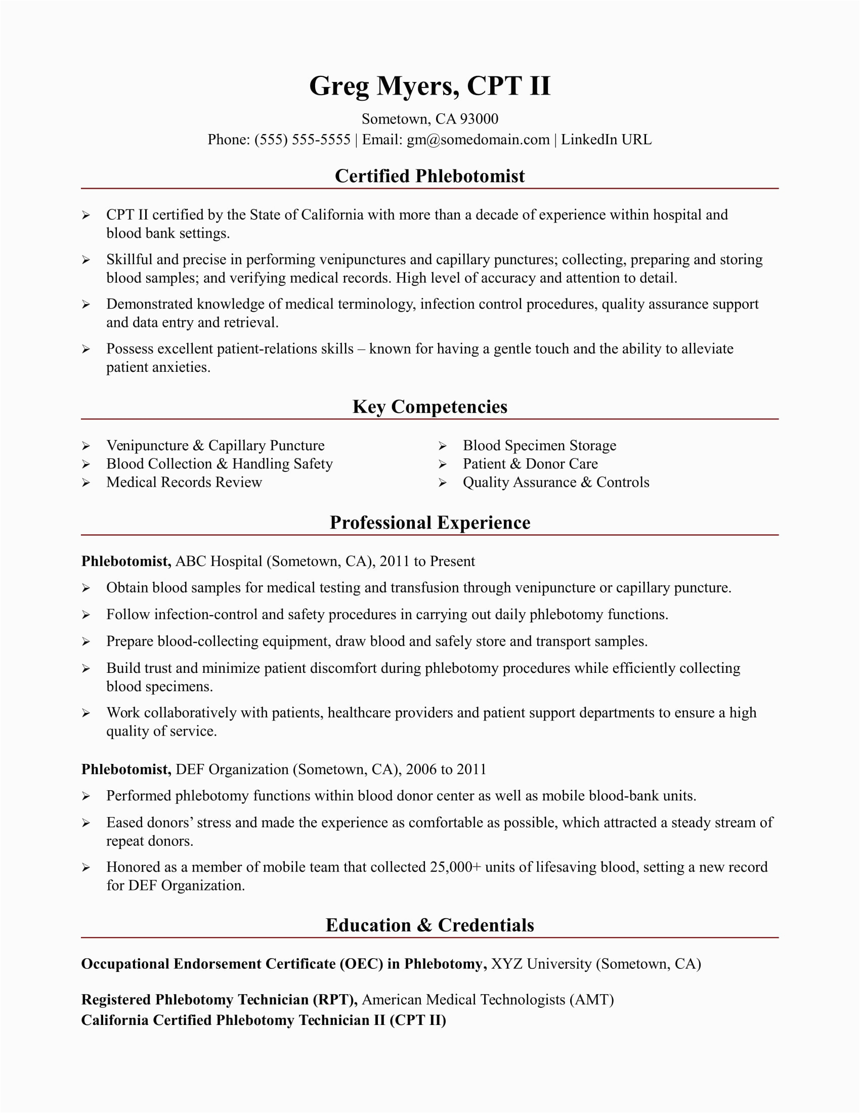Sample Resume for A Entry Level New Graduate Certified Phlebotomist Phlebotomist Resume Sample