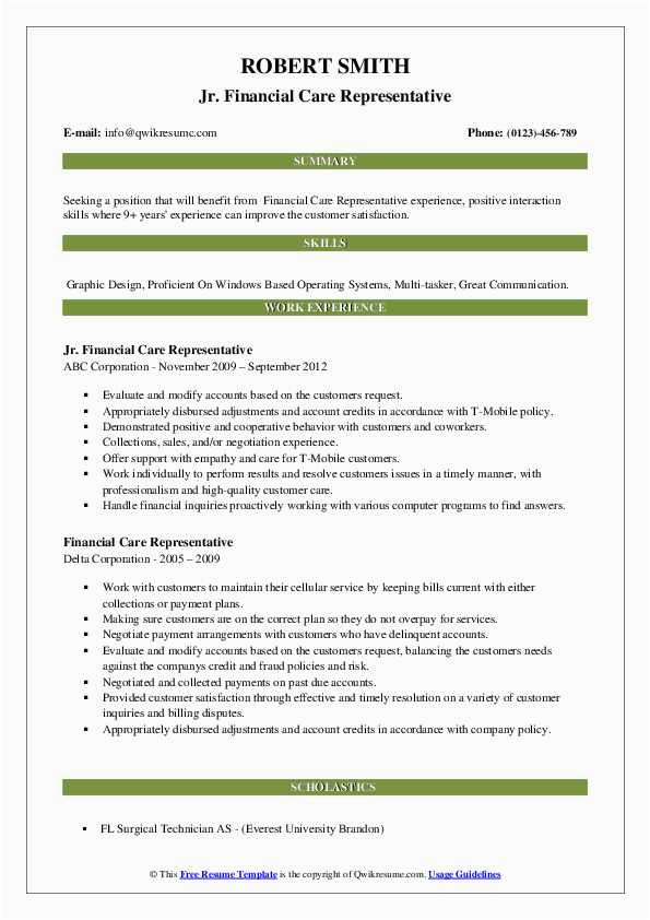 Sample Resume for A Finance Coop Financial Care Representative Resume Samples