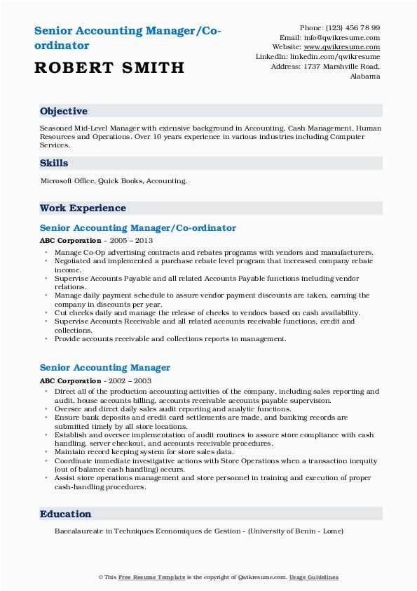 Sample Resume for A Finance Coop Senior Accounting Manager Resume Samples