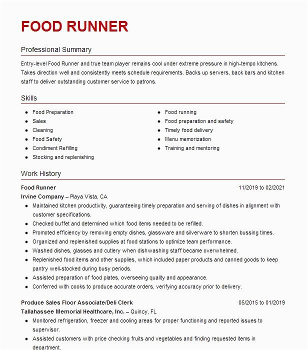 Sample Resume for A Food Runner Food Runner Resume Example Pany Name Saint Petersburg Florida
