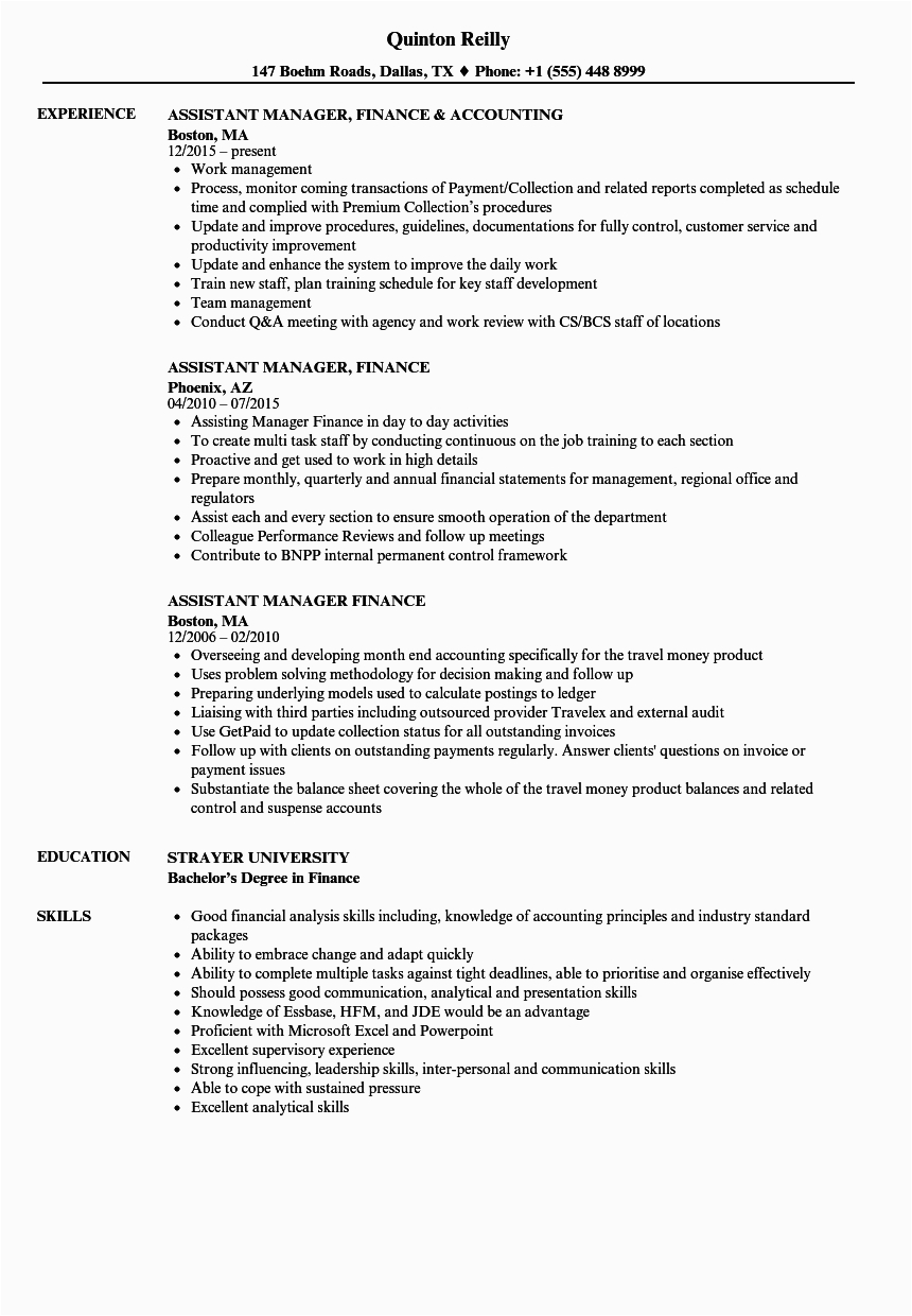 Sample Resume for assistant Manager Finance assistant Accountant Job Description Sample