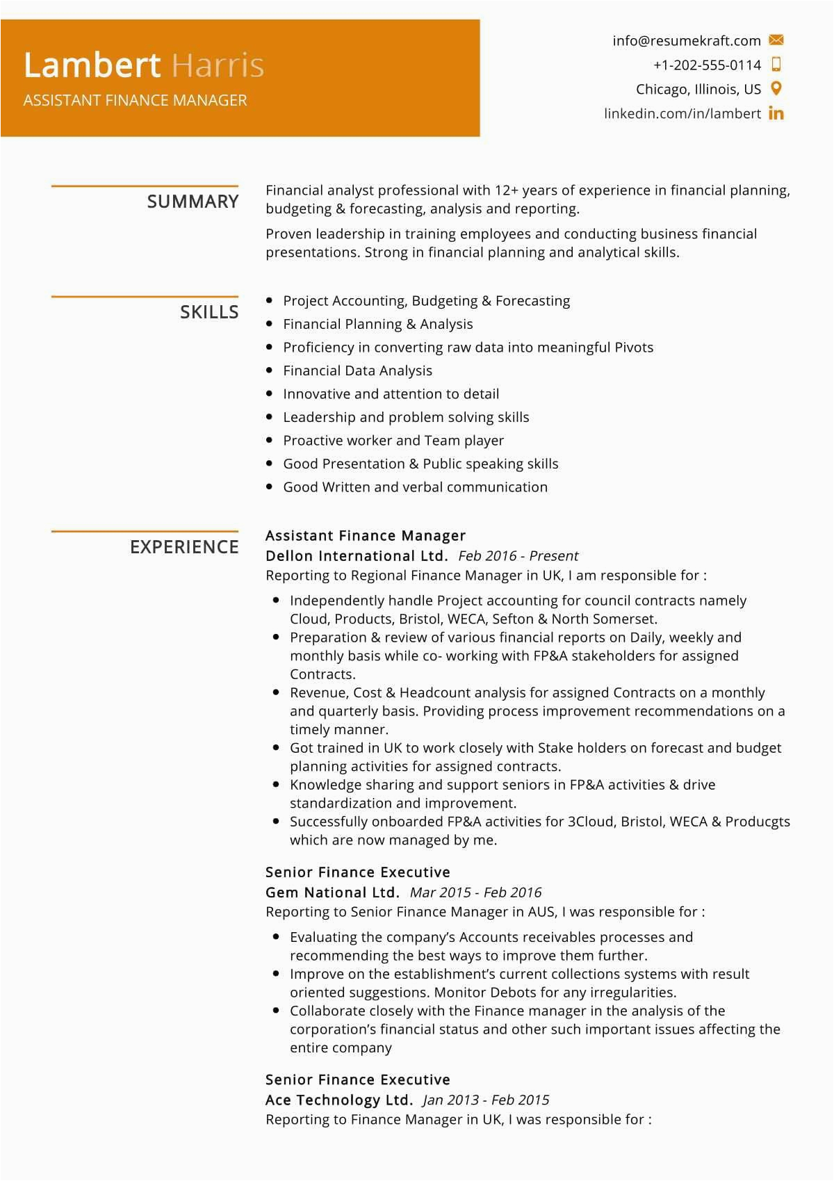 Sample Resume for assistant Manager Finance assistant Finance Manager Resume Example 2022