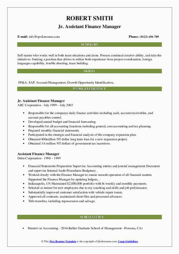 Sample Resume for assistant Manager Finance assistant Finance Manager Resume Samples