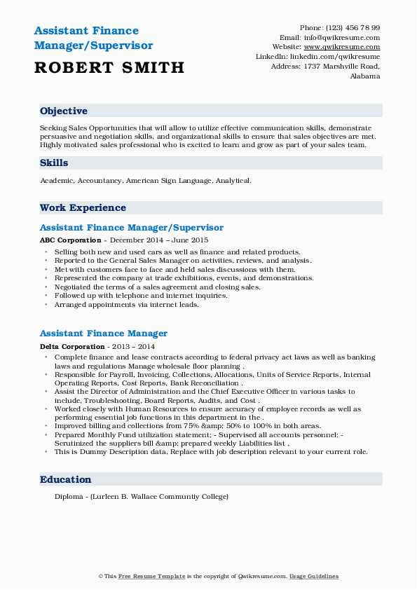 Sample Resume for assistant Manager Finance assistant Finance Manager Resume Samples