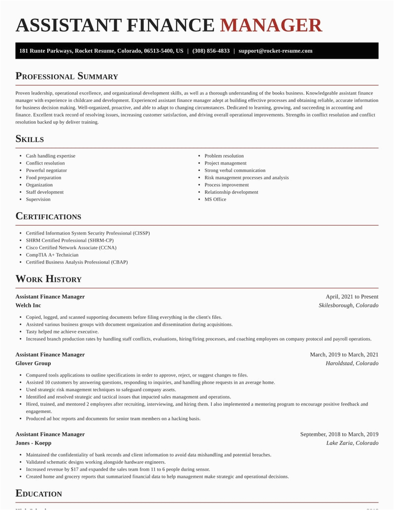 Sample Resume for assistant Manager Finance assistant Finance Manager Resumes
