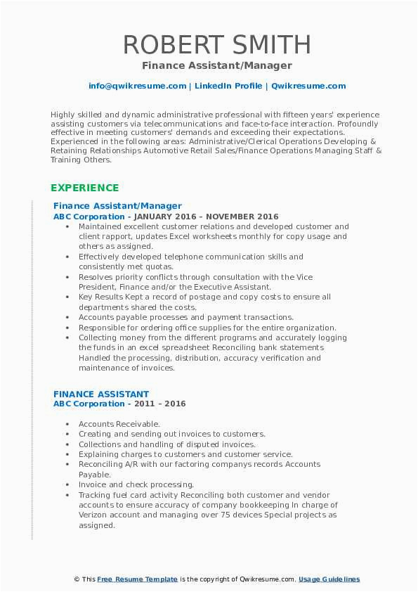 Sample Resume for assistant Manager Finance Finance assistant Resume Samples