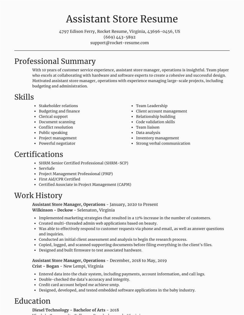 Sample Resume for assistant Manager In Convenience Store assistant Store Manager Operations Resumes