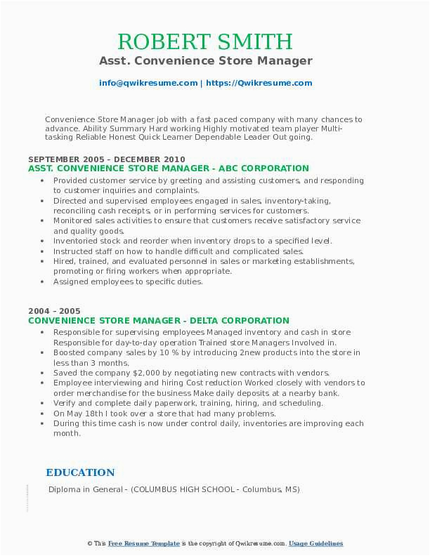 Sample Resume for assistant Manager In Convenience Store Convenience Store Manager Resume Samples