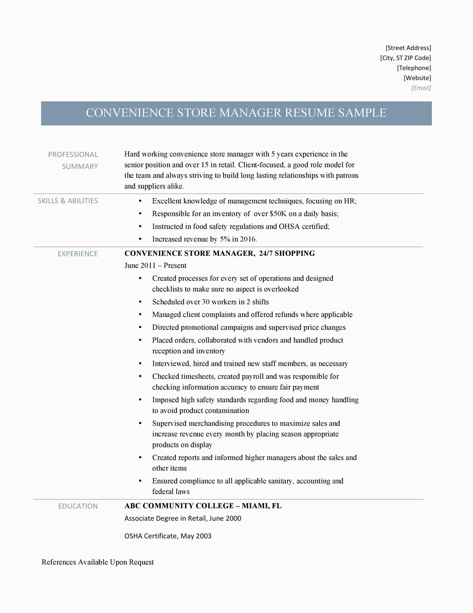 Sample Resume for assistant Manager In Convenience Store Store Manager Duties Resume Mryn ism