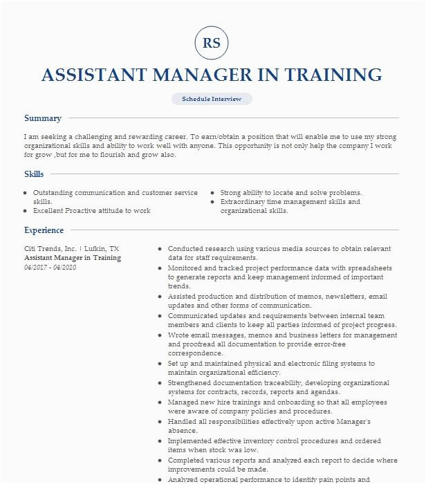 Sample Resume for assistant Manager Training assistant Manager In Training Resume Example Pany Name Kingman