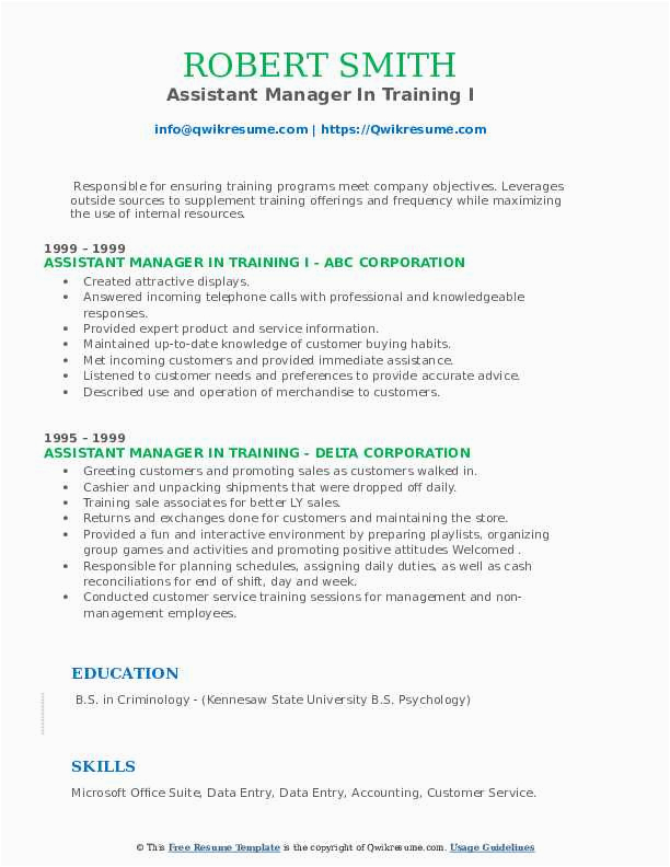 Sample Resume for assistant Manager Training assistant Manager In Training Resume Samples