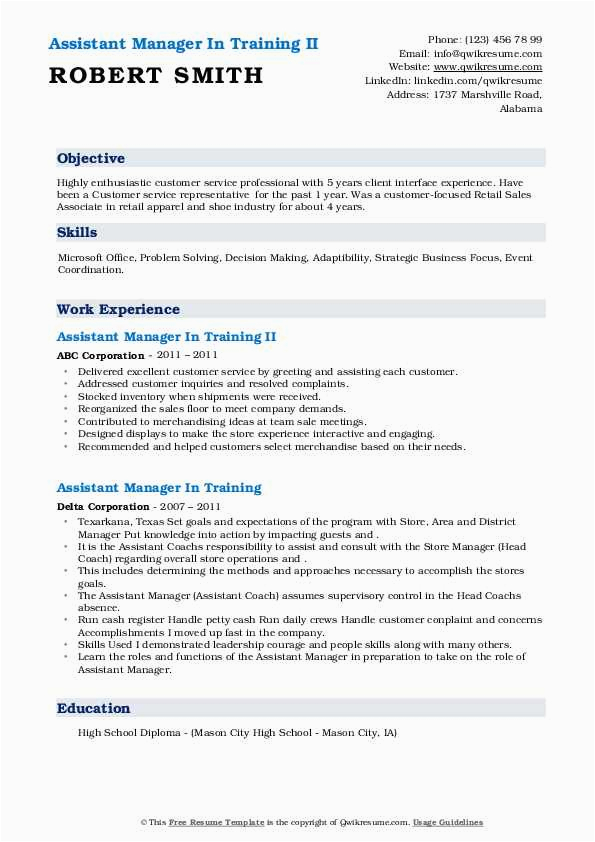 Sample Resume for assistant Manager Training assistant Manager In Training Resume Samples