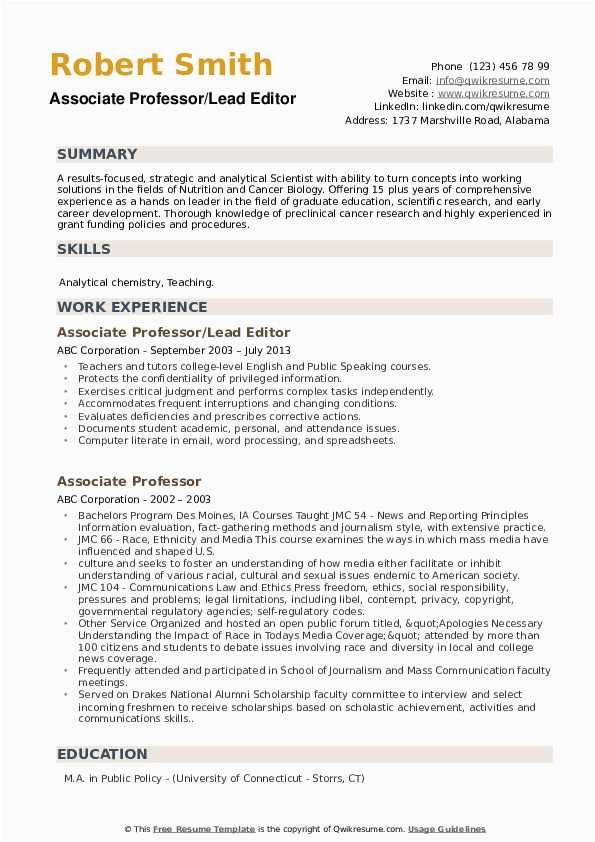 Sample Resume for assistant Professor In Commerce associate Professor Resume Samples