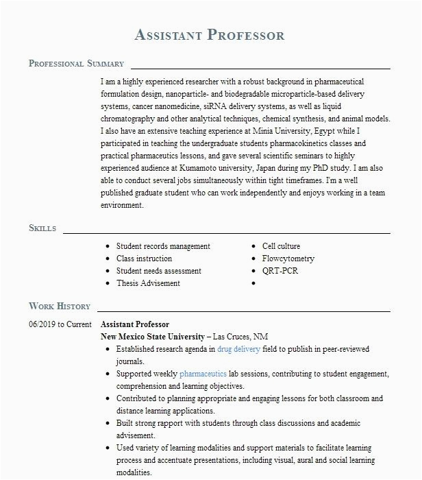 Sample Resume for assistant Professor In Education Teaching assistant Professor Resume Example Pany Name Farmington