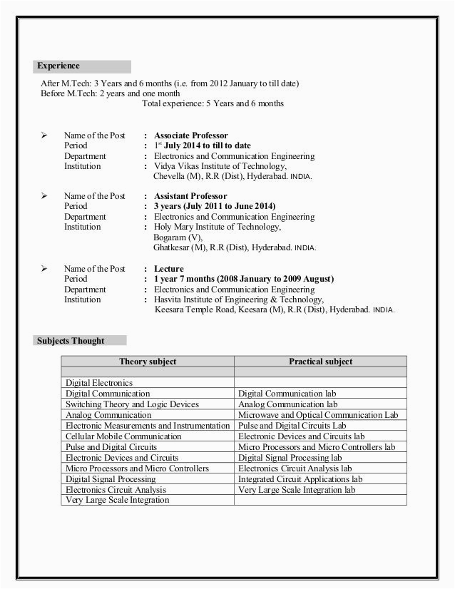 Sample Resume for assistant Professor In Electronics Engineering Resume Ece